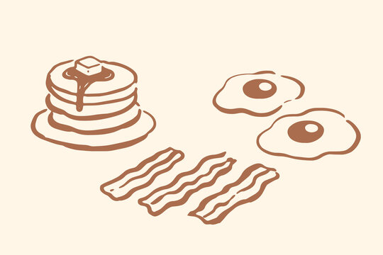 Breakfast pancakes bacon eggs doodle vector illustration