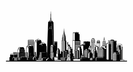 Obraz premium Black and white line drawing of a famous city skyline with iconic buildings