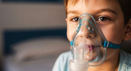 Close-up of nebulizer mask on child&rsquo;s face toy symbolizing pediatric healthcare and respiratory treatment