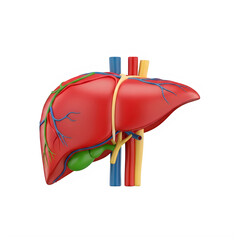 Obraz premium Anatomical illustration of a human liver with blood vessels and ducts isolated on transparent background