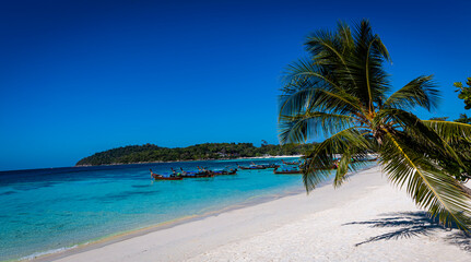 The Tropical Paradise with white sand beach and palm tree and Longtail Boats in a summer time