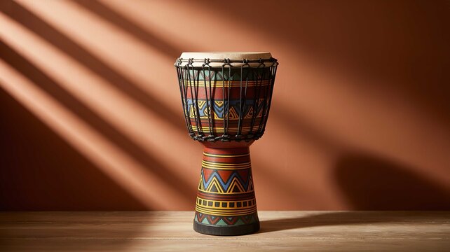 Beautifully crafted djembe drum with vibrant patterns and colorful designs on a wooden table, illuminated by soft natural light and shadows against a warm background.