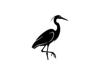 Obraz premium A solitary black silhouette of a heron standing on one leg in a serene landscape isolated on transparent background, isolated on white background, Vector