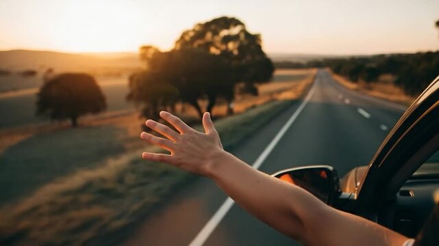 Open Road Freedom: A person reaches out with an open hand, enjoying the wind during a scenic drive on a long road, captured at golden hour.