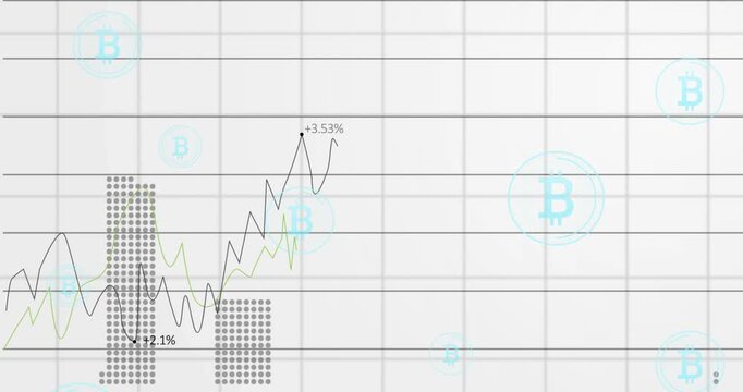 Multiline chart showing on grid, black line drawing, gold line rising, bars rising for crypto trend