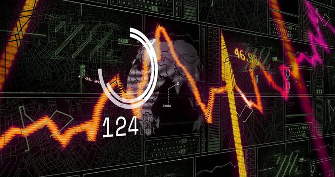 On play globe rotating, waveform sweeping, meter filling, numbers cycling, visualizing analytics