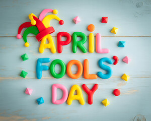 Fototapeta premium Colorful plasticine letters spell out 'April Fool's Day' on a wooden background, surrounded by small geometric shapes and a jester's hat, suggesting handmade fun.