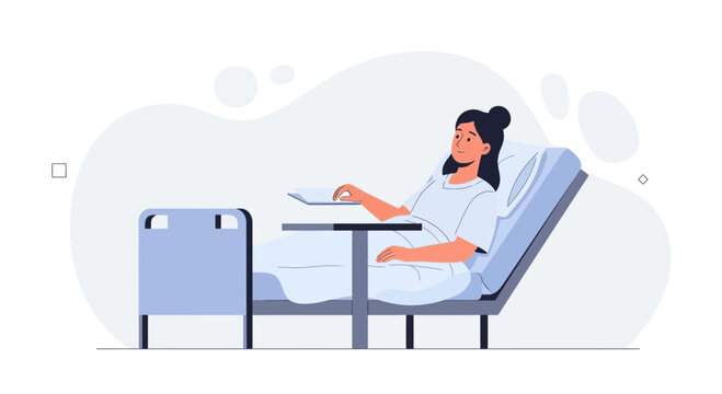 Young Woman Patient Lying in Hospital Bed with IV Drip and Tray