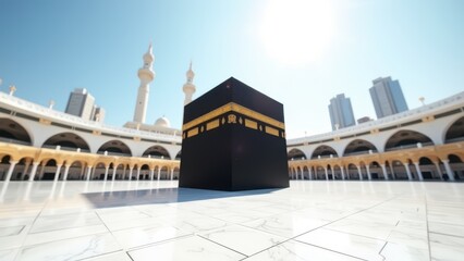 kaaba in mecca on white marble square with clear sky and bright sunlight empty surrounding view from floor concept of religious tourism, spiritual photography, islamic heritage