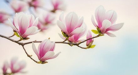 Magnolia flower branch blooming in soft spring light