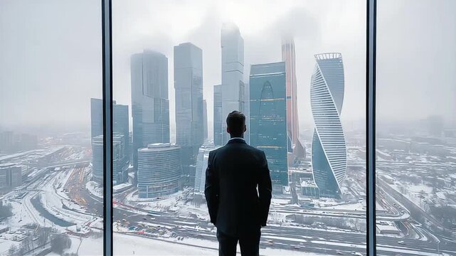 A businessman contemplates the urban landscape, evoking themes of ambition and vision, perfect for motivational content.