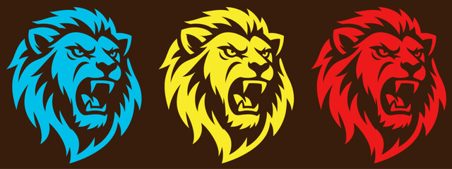 Colorful lion heads in blue, yellow, and red on brown background © Designer Raian