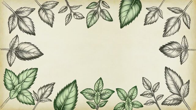 Hand drawn illustration of green leaves border on aged paper.