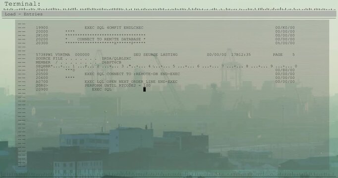 Faint header appearing, terminal overlay filling with SQL and EXEC showing connection on hazy port