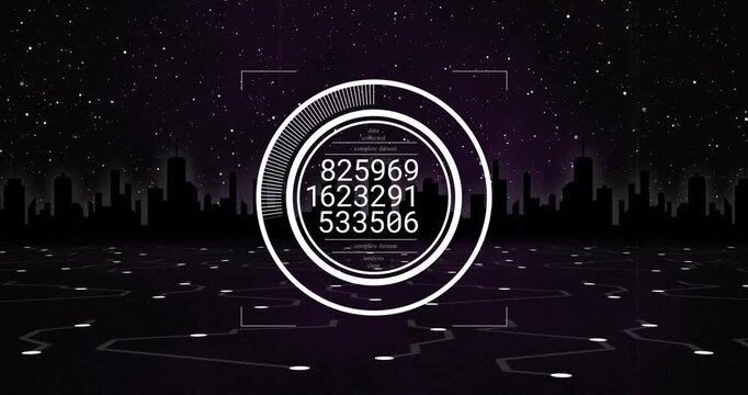 HUD starting outline brackets over city, ring rotating, numbers cycling, hex grid lighting for scan