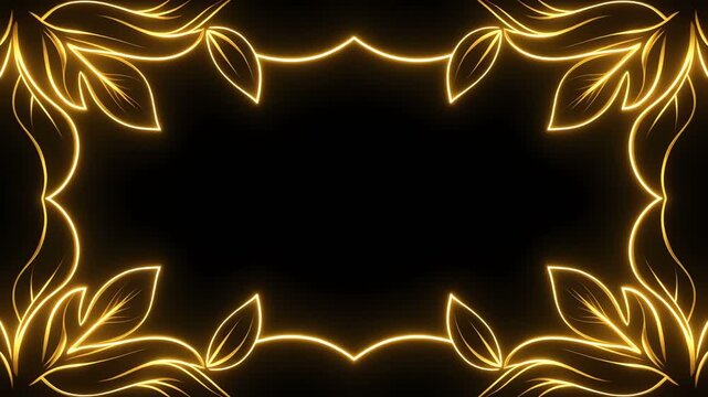 Golden neon light frame with leaves on black background.
