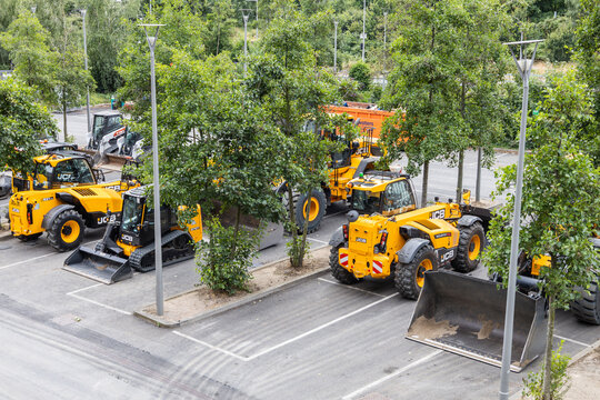 JCB construction equipment parked in lot. London, UK, 14 July 2024