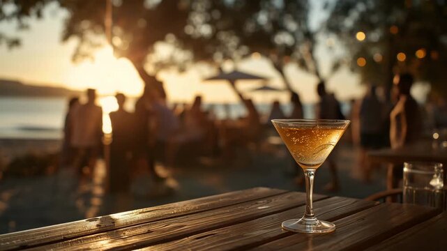Cocktail glass on wooden table with sunset beach gathering in background