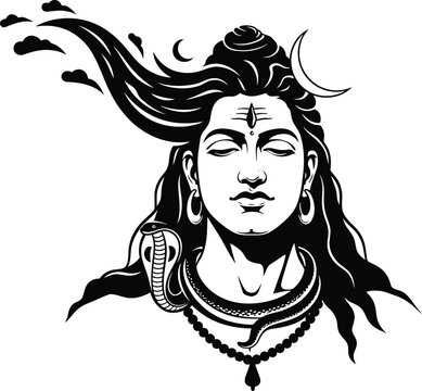 Lord Shiva India Graphic &ndash; Black and White Artistic Illustration with Crescent Moon, Flowing Hair, Clouds, Third Eye, Snake, and Ornaments