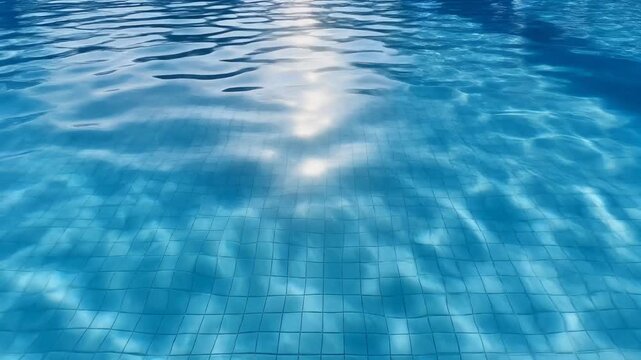 Clear blue swimming pool water texture with rippling surface and sunlight reflections over tiled bottom