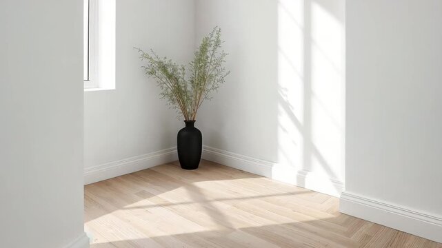 Minimalist white room corner with wooden floor and black vase plant