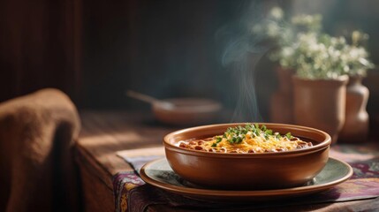 Bowl of chili on a wooden table. the bowl is made of clay and is placed on a green plate. the chili is a rich orange color and appears to be made with ground beef, tomato sauce, and cheese.
