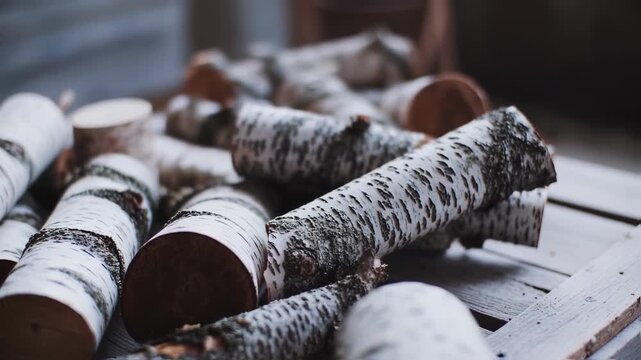 A close-up showcases a pile of freshly cut birch logs with textured bark. Warm wood tones contrast the whites