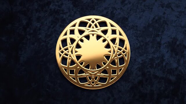 Golden decorative sphere with intricate geometric pattern on dark blue background.