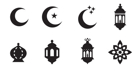 Fototapeta premium Ramadan Islamic icon set. Crescent moon, lantern and decorative Eid symbols. Solid black vector pack.