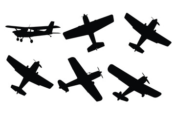 Set of Propeller Airplane Silhouettes, Private Light Aircraft Icons and General Aviation Symbols Isolated on White Background © shahriar