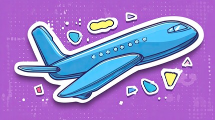Naklejka premium Sticker Design: Cartoon blue plane on a purple background
