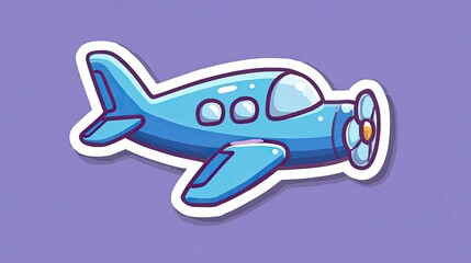 Naklejka premium Sticker Design: Cartoon blue plane on a purple background