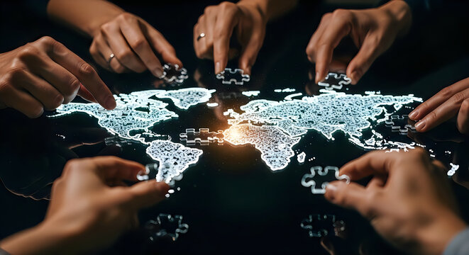 Hands assembling a glowing world map puzzle