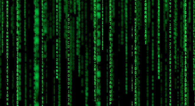 Abstract digital rain of green glowing characters and symbols cascading down a dark background representing a futuristic cyberspace and advanced computer code