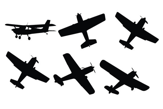 Set of Propeller Airplane Silhouettes, Private Light Aircraft Icons and General Aviation Symbols Isolated on White Background