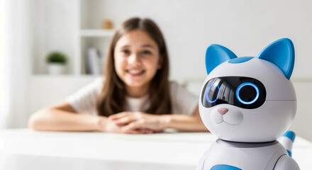 Girl smiling at robotic cat toy symbolizing curiosity and future technology