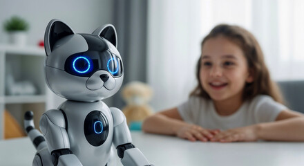 Girl smiling at robotic cat toy indoors symbolizing innovation and digital childhood