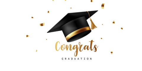 graduation design background realistic graduation hat Golden confetti congratulations to the graduates Vector illustration