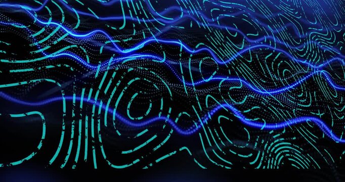 Electric-blue ribbon waving after initial pulse, weaving turquoise lines and sending dots for loop