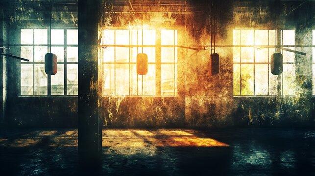 Abandoned gym interior with punching bags