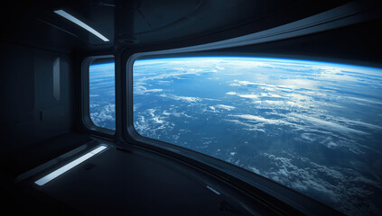 Fototapeta premium Spacecraft window ocean view earth curvature serene clouds at sunrise