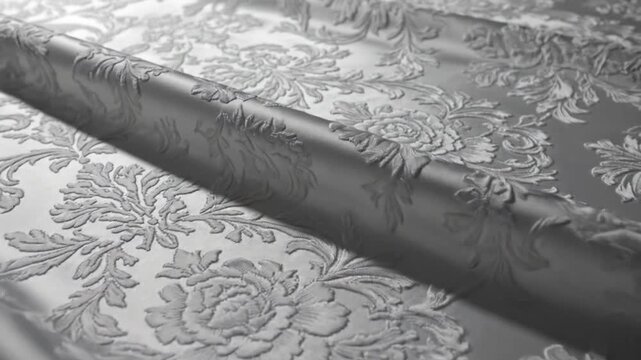 Close-up of luxurious white fabric with embossed floral pattern