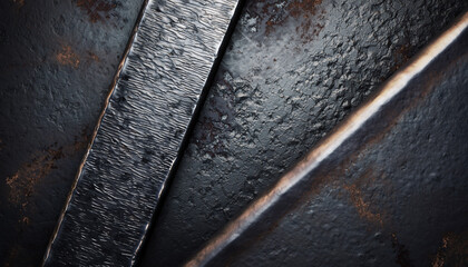 A close-up view of a dark, metallic surface with rough texture and diagonal ridges, illustrating industrial materials and manufacturing processes