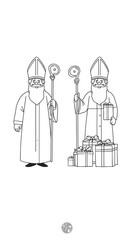 Two bishops standing next to a pile of gifts in a simple line drawing.
