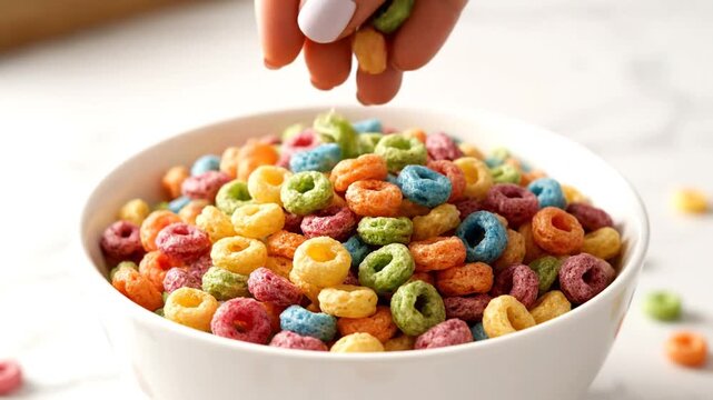 A hand dropping a colorful cereal piece into a bowl filled with multicolored ring-shaped cereal on a white surface from a close-up viewpoint