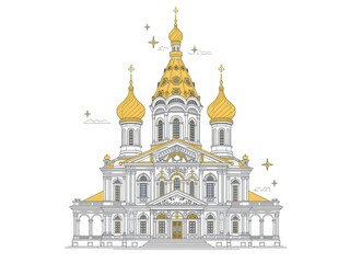 A detailed illustration of a grand, ornate church with golden domes and intricate architectural details.
