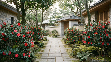 Camellia Garden Path In Traditional Korean Style Courtyard