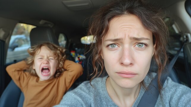 Exhausted mother sitting in car with screaming preschool child during tantrum. Parenting stress, motherhood burnout, mental health strain and difficult family moment concept