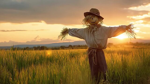 A cheerful scarecrow stands in a field at sunset, evoking warmth and nostalgia, perfect for autumn-themed content.