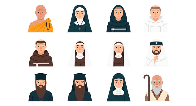 Monastic and Ascetic Religious Leaders Icons - Monk Nun Friar and Hermit Flat Vector Set in Solid Dark Teal on White Background